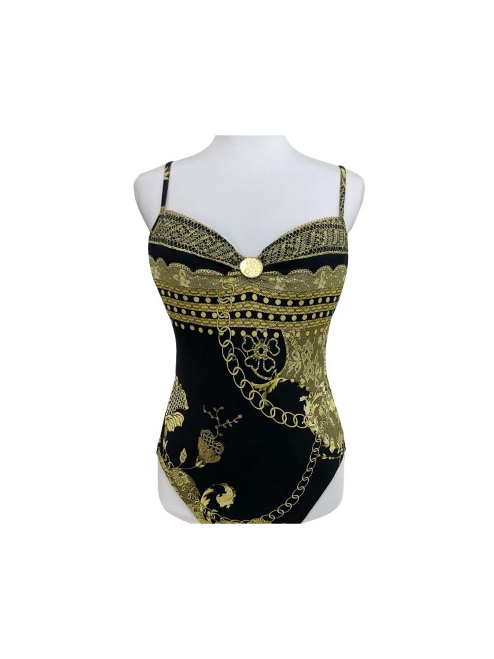 La Perla 48 Black Gold Baroque Chain Print One-Piece Swimsuit US 12/14 MSRP $478